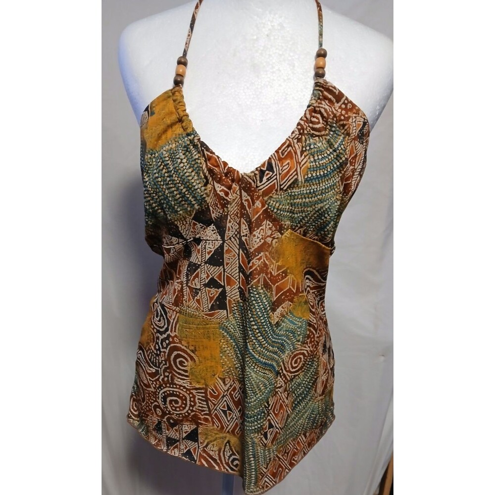 Los Angeles Express Vintage 90s Tie around neck earth toned patchwork print top